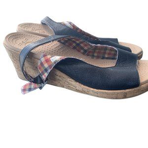 Crocs Women's Black Leather Peep Cork Wedge Platform Leigh Sandal SIZE 11